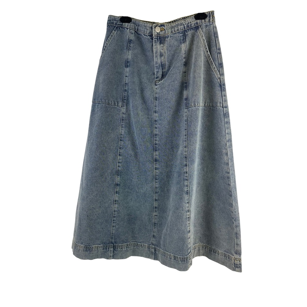 Neuflora Denim Midi Skirt Flare A-Line Blue High Waisted Pockets Women Medium